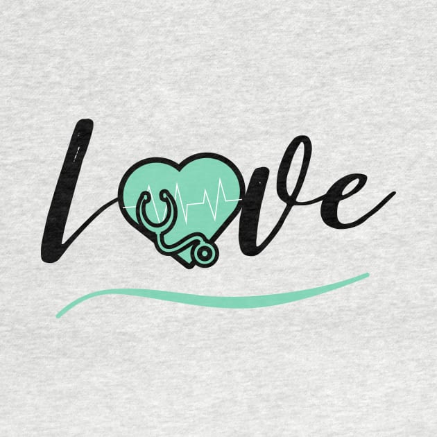 Love medicine black text design with green heart stethoscope and heartbeat by BlueLightDesign